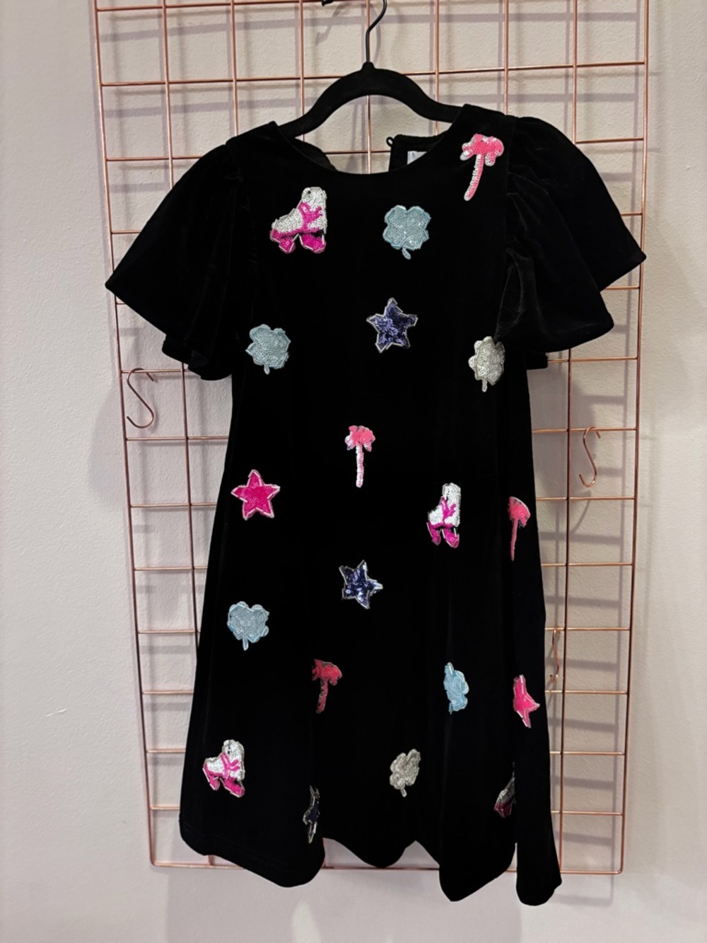 Lola and the boy  Black Velvet Dress with Pink, Blue and Silver Sequin Appliqués